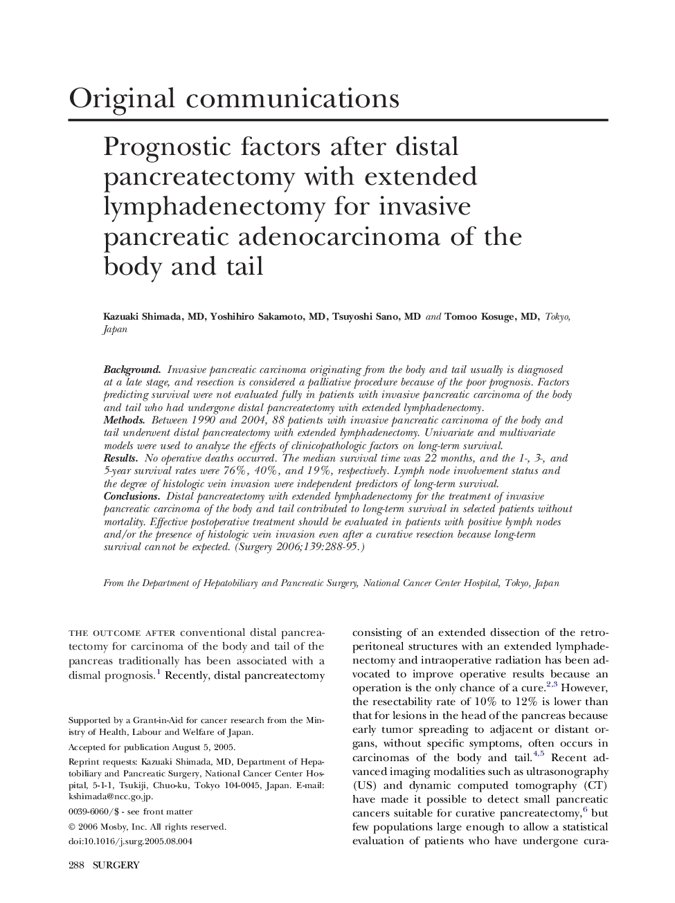 Prognostic factors after distal pancreatectomy with extended lymphadenectomy for invasive pancreatic adenocarcinoma of the body and tail 