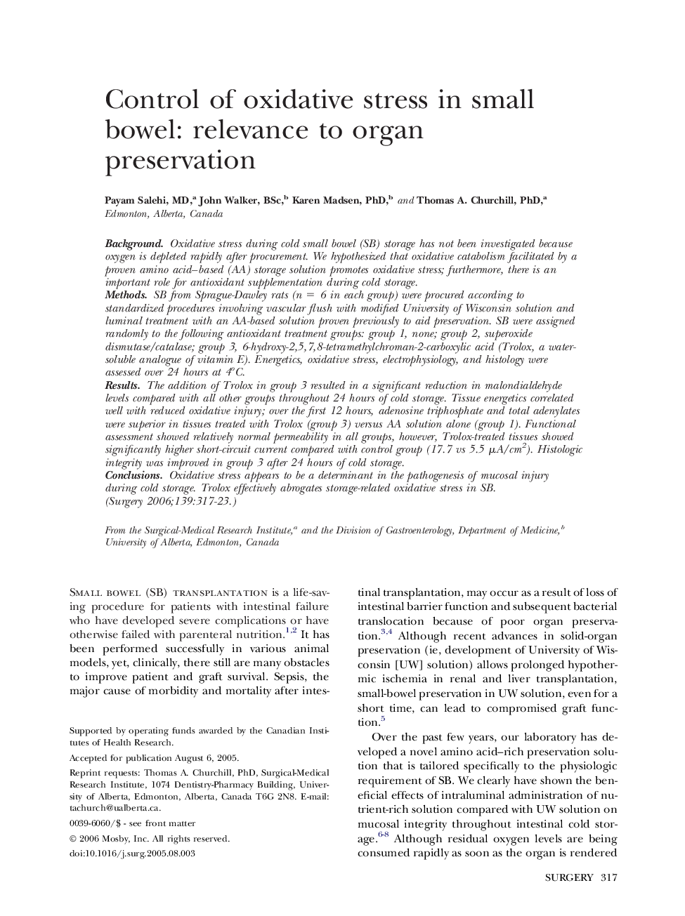 Control of oxidative stress in small bowel: relevance to organ preservation 