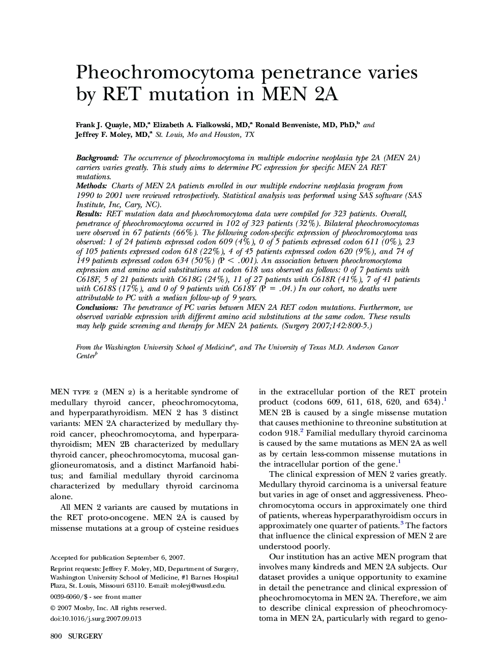 Pheochromocytoma penetrance varies by RET mutation in MEN 2A