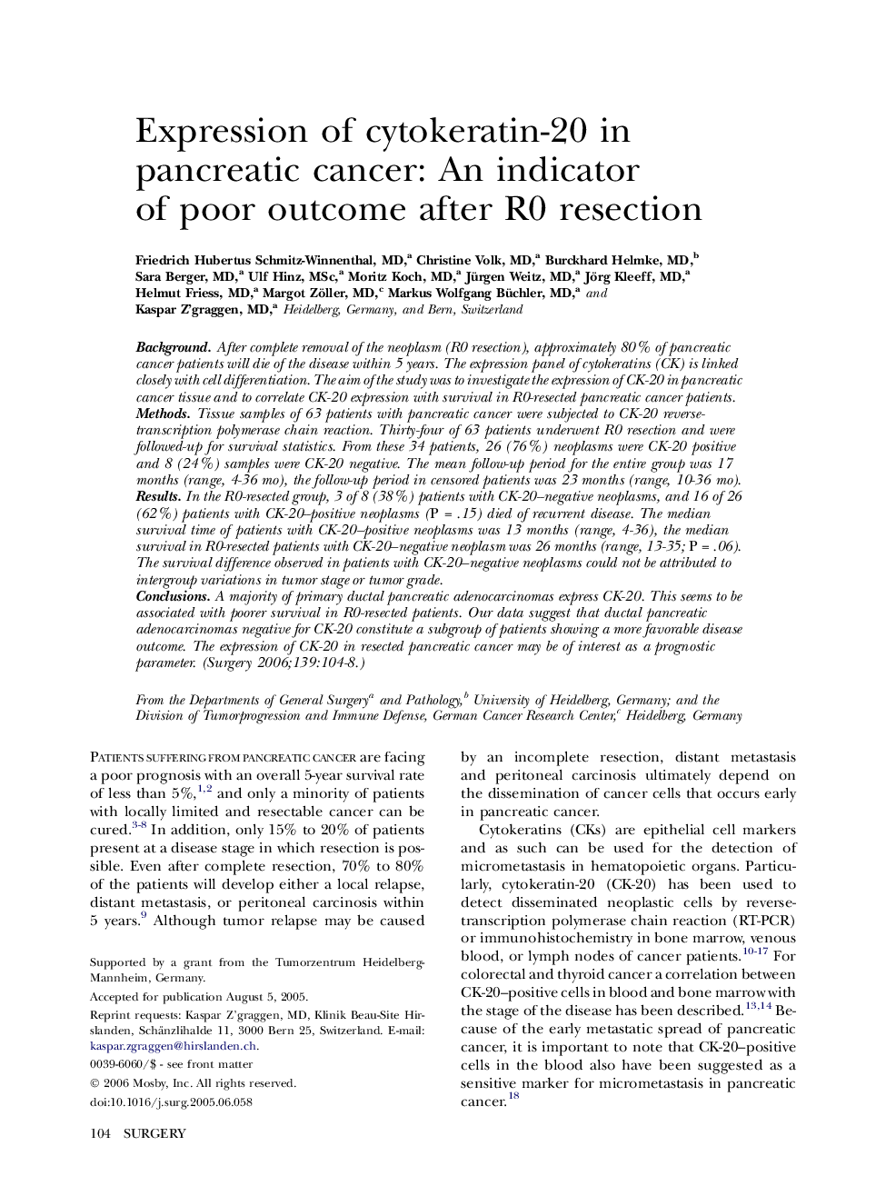 Expression of cytokeratin-20 in pancreatic cancer: An indicator of poor outcome after R0 resection 