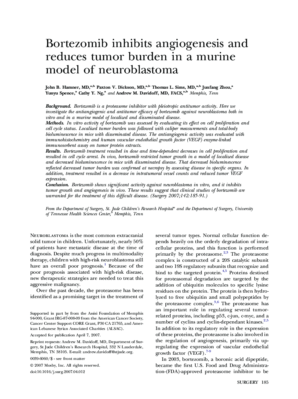 Bortezomib inhibits angiogenesis and reduces tumor burden in a murine model of neuroblastoma 