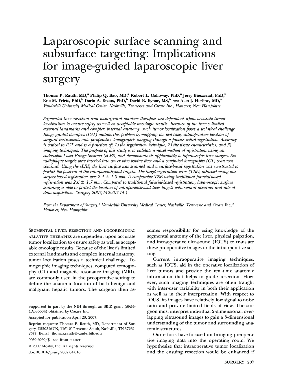 Laparoscopic surface scanning and subsurface targeting: Implications for image-guided laparoscopic liver surgery 