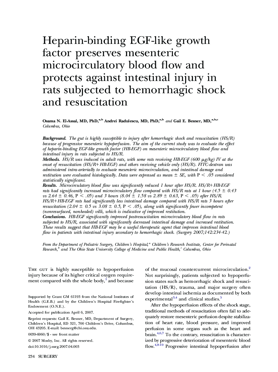 Heparin-binding EGF-like growth factor preserves mesenteric microcirculatory blood flow and protects against intestinal injury in rats subjected to hemorrhagic shock and resuscitation 