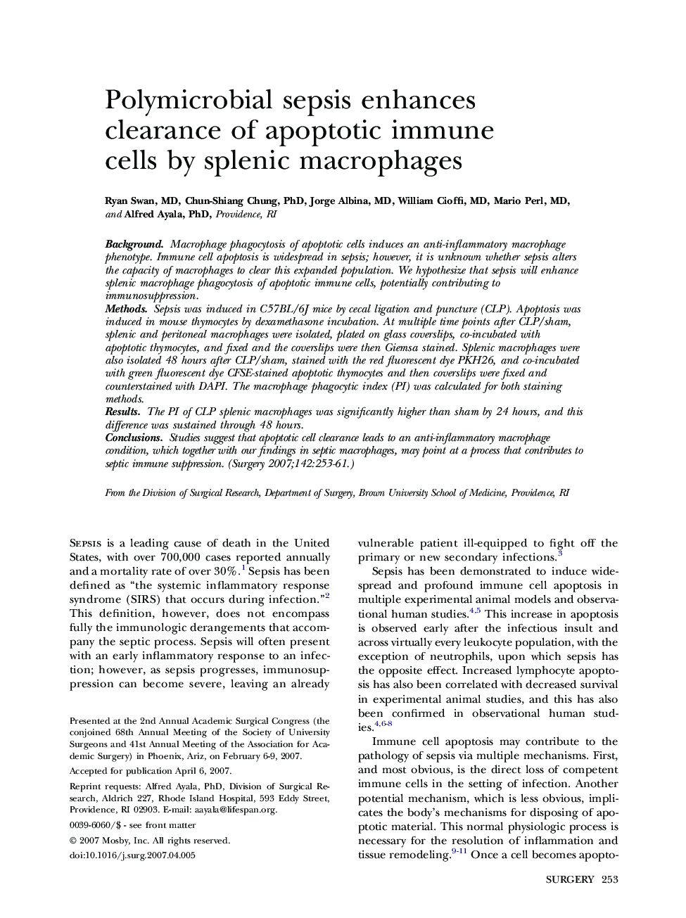 Polymicrobial sepsis enhances clearance of apoptotic immune cells by splenic macrophages
