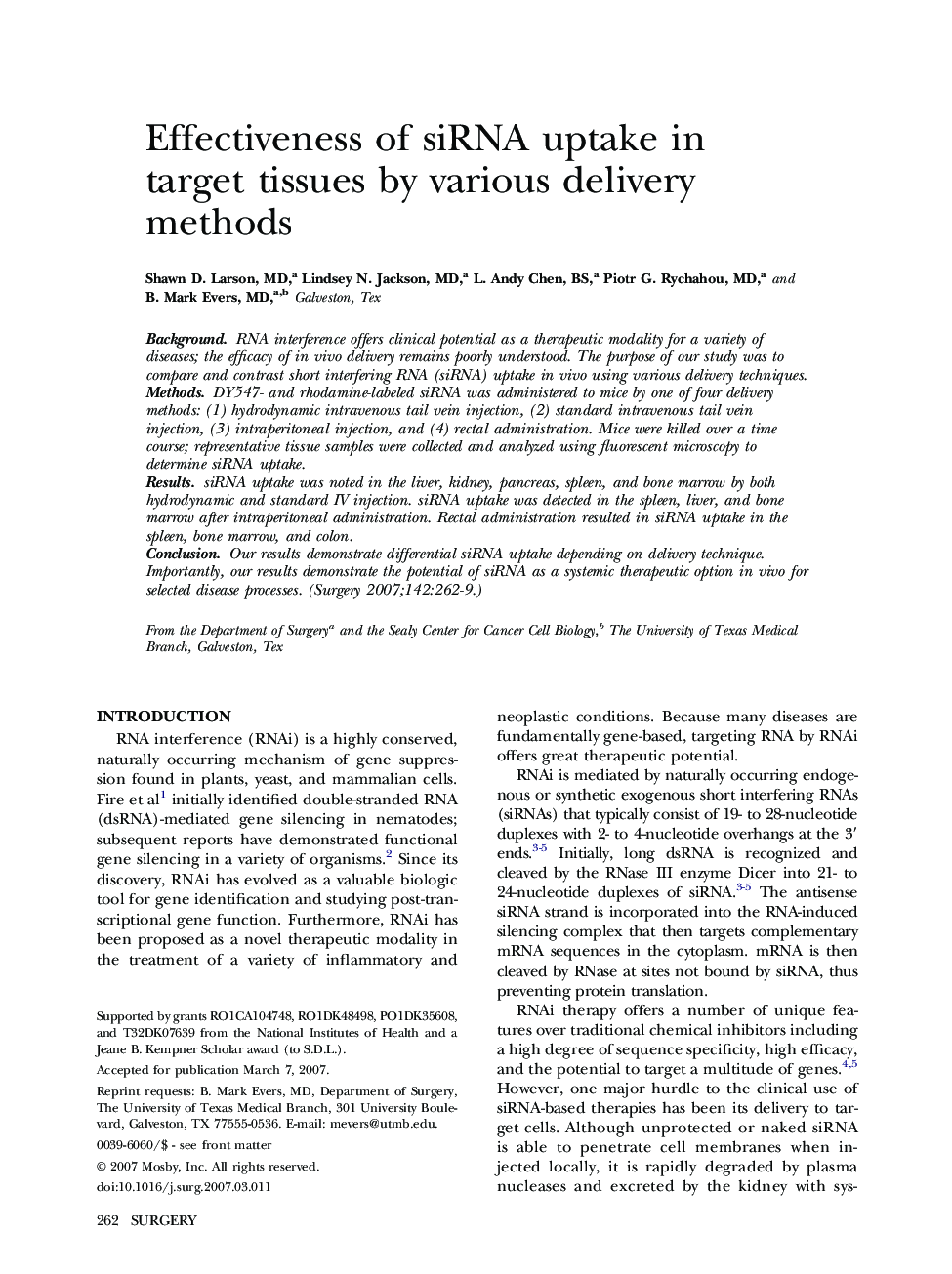 Effectiveness of siRNA uptake in target tissues by various delivery methods 