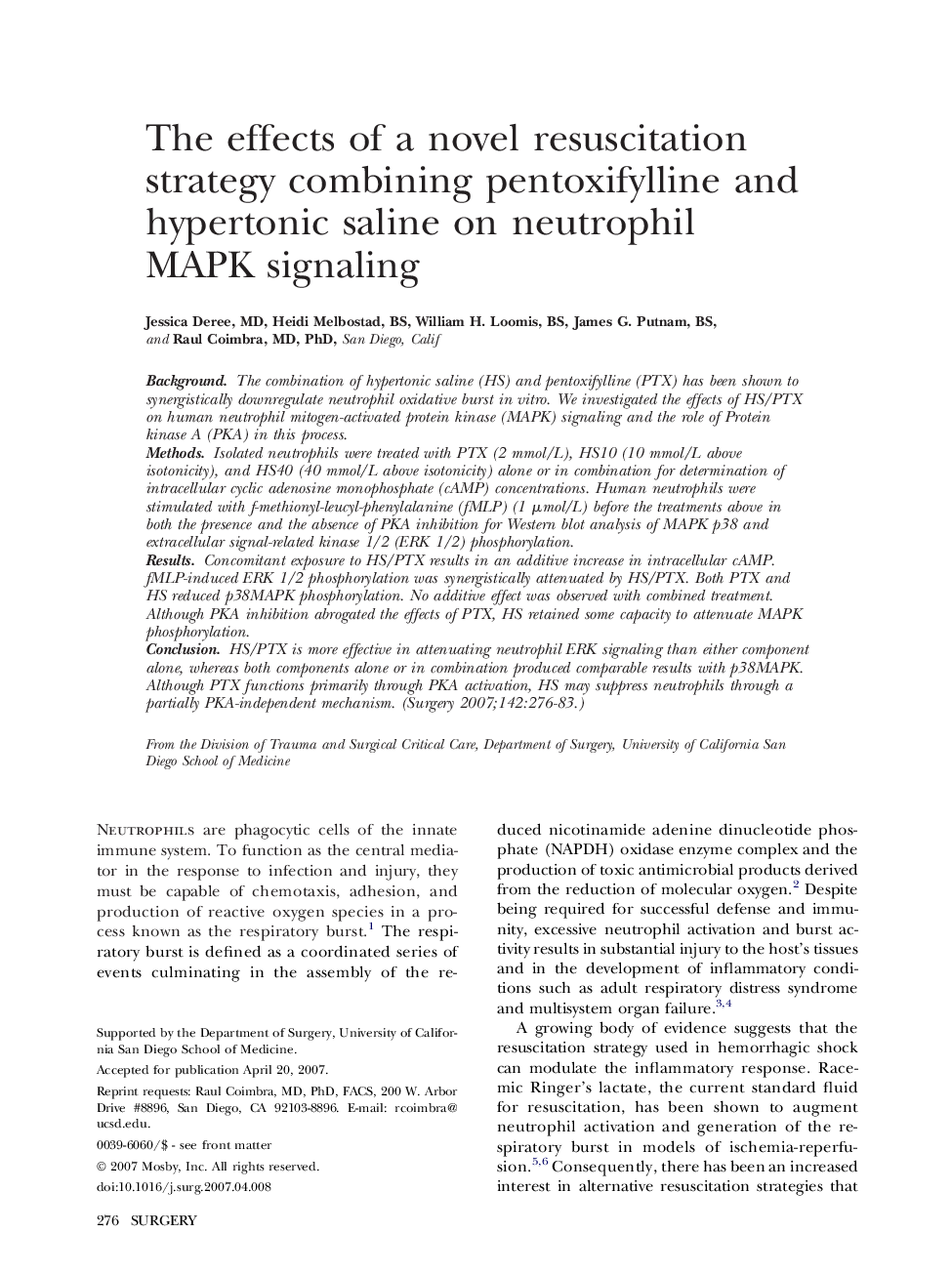 The effects of a novel resuscitation strategy combining pentoxifylline and hypertonic saline on neutrophil MAPK signaling 