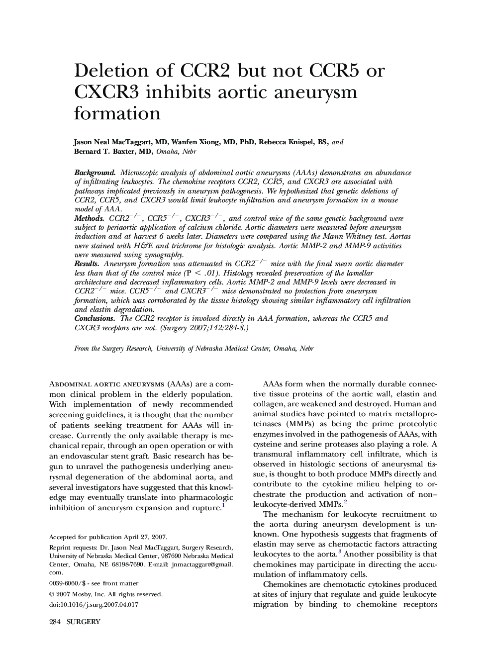 Deletion of CCR2 but not CCR5 or CXCR3 inhibits aortic aneurysm formation