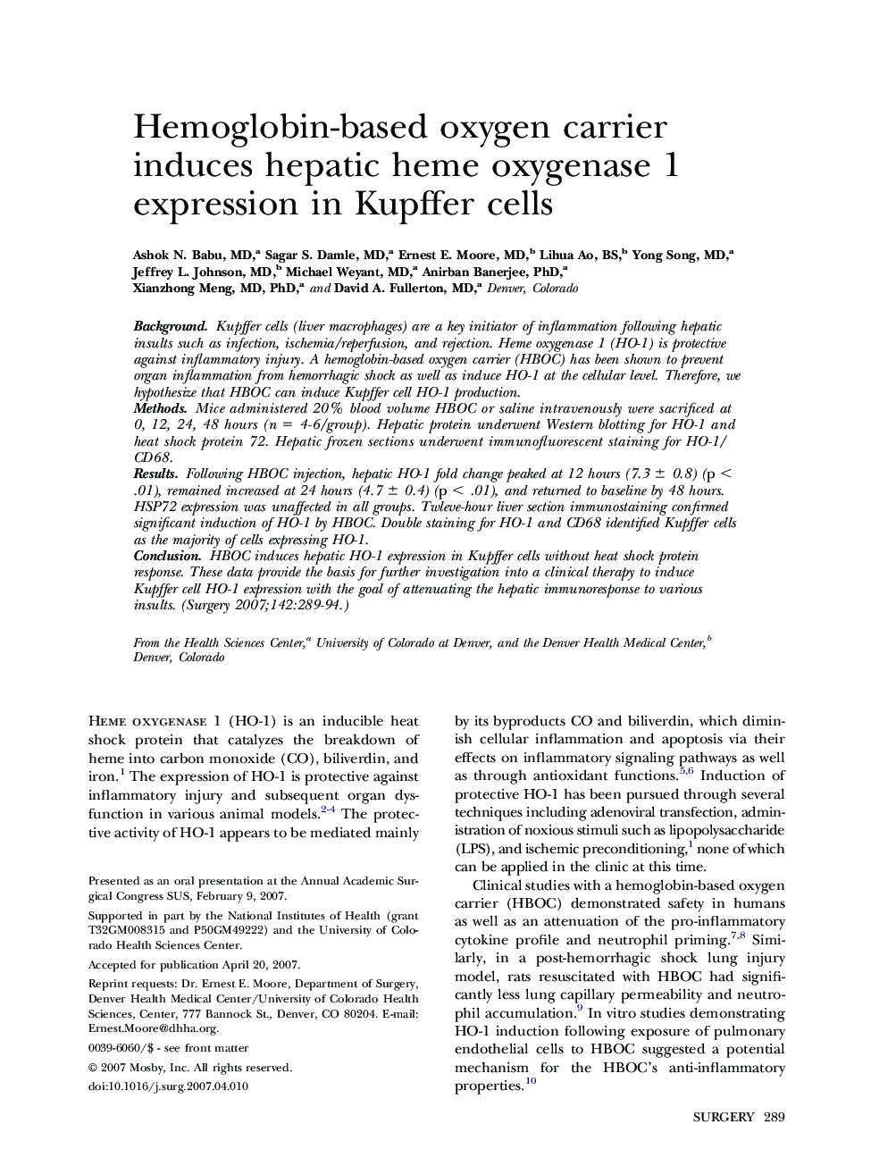 Hemoglobin-based oxygen carrier induces hepatic heme oxygenase 1 expression in Kupffer cells 