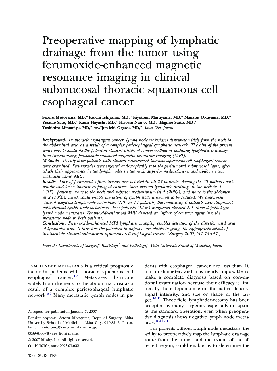 Preoperative mapping of lymphatic drainage from the tumor using ferumoxide-enhanced magnetic resonance imaging in clinical submucosal thoracic squamous cell esophageal cancer