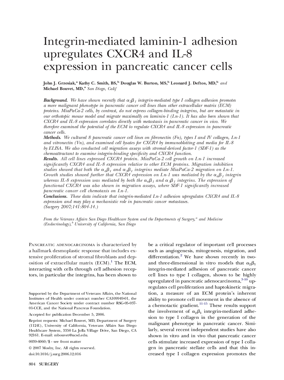 Integrin-mediated laminin-1 adhesion upregulates CXCR4 and IL-8 expression in pancreatic cancer cells 