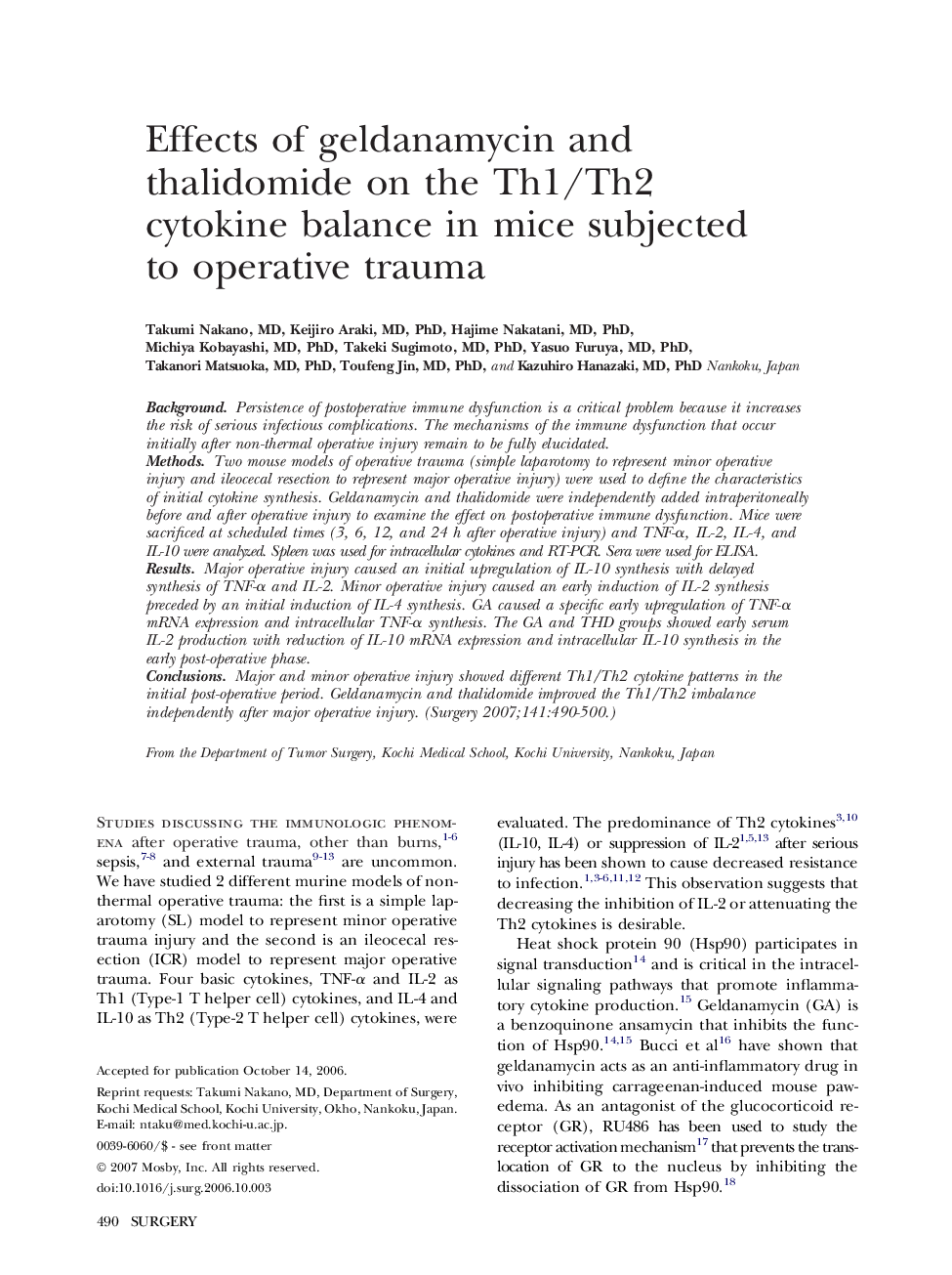 Effects of geldanamycin and thalidomide on the Th1/Th2 cytokine balance in mice subjected to operative trauma