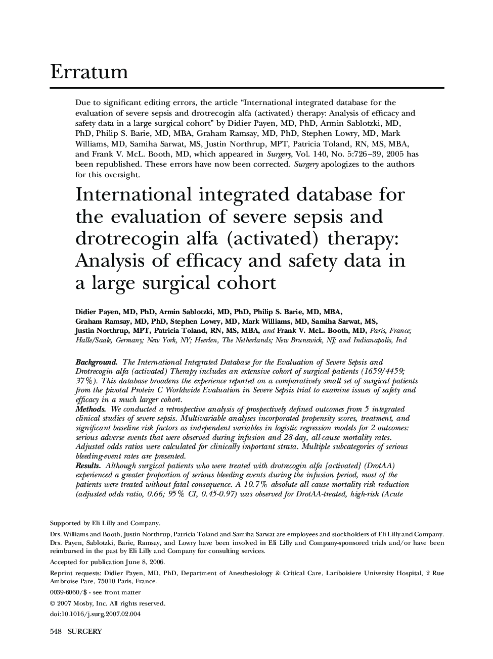 International integrated database for the evaluation of severe sepsis and drotrecogin alfa (activated) therapy: Analysis of efficacy and safety data in a large surgical cohort 