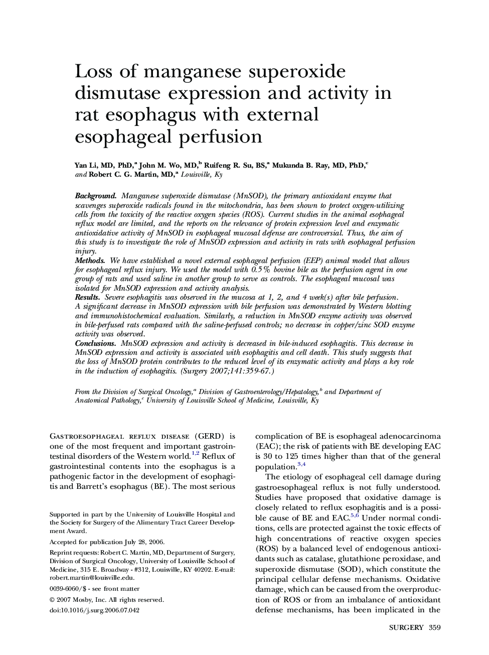 Loss of manganese superoxide dismutase expression and activity in rat esophagus with external esophageal perfusion 
