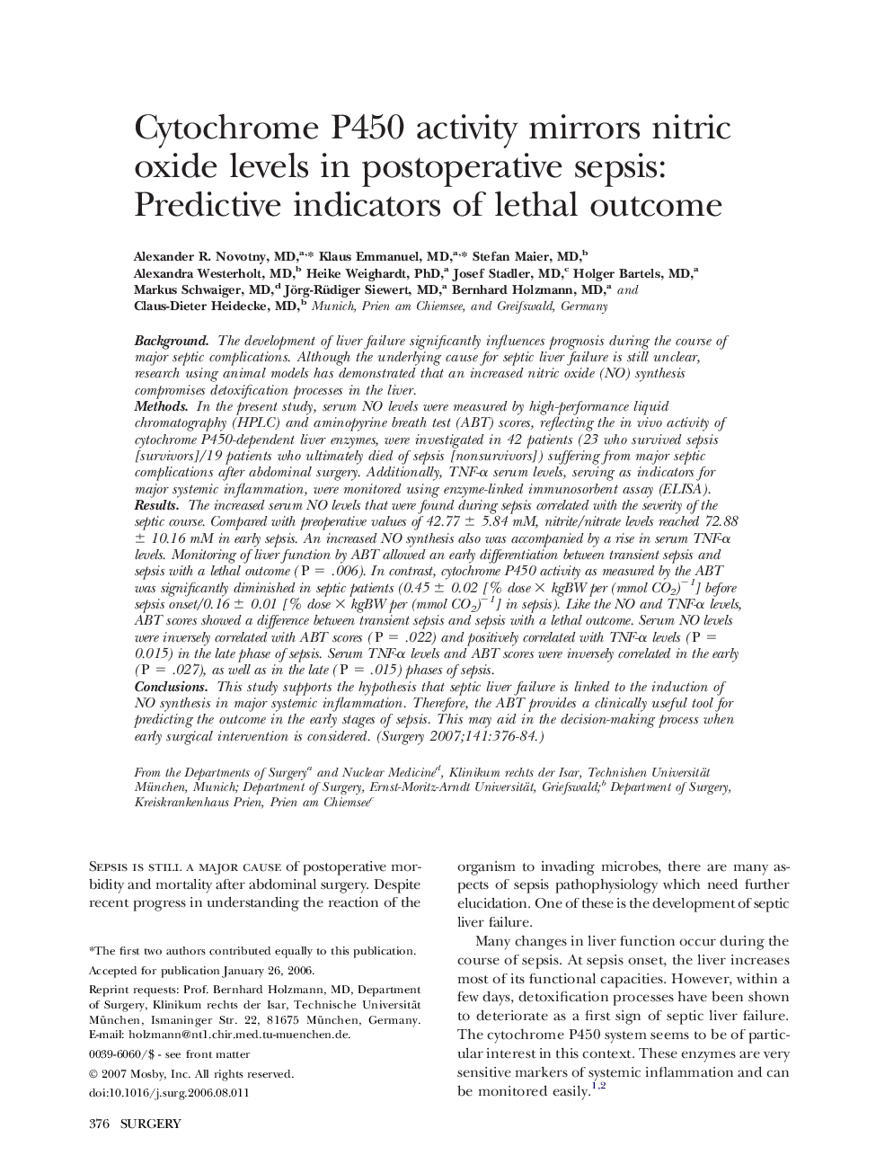 Cytochrome P450 activity mirrors nitric oxide levels in postoperative sepsis: Predictive indicators of lethal outcome