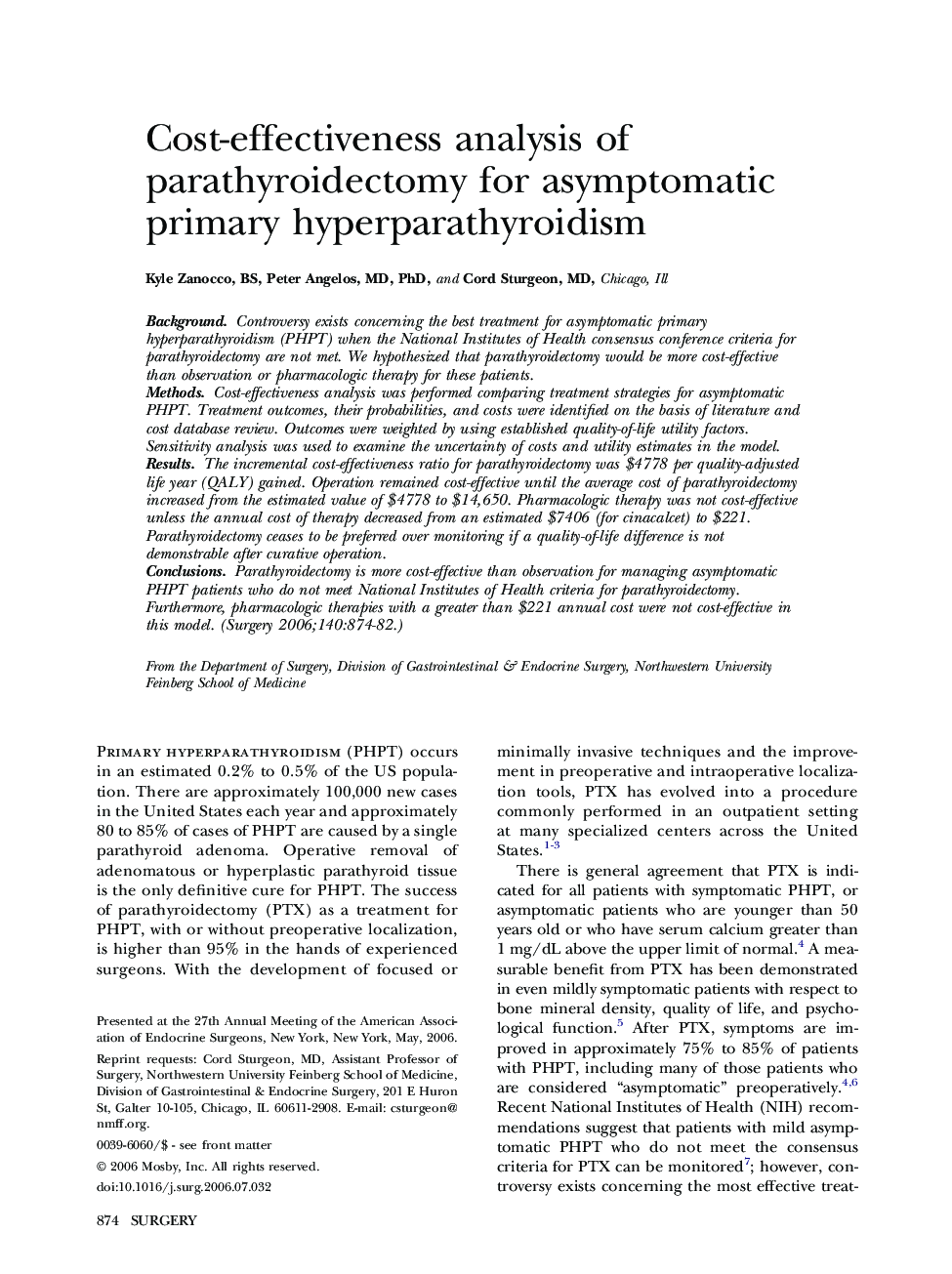 Cost-effectiveness analysis of parathyroidectomy for asymptomatic primary hyperparathyroidism