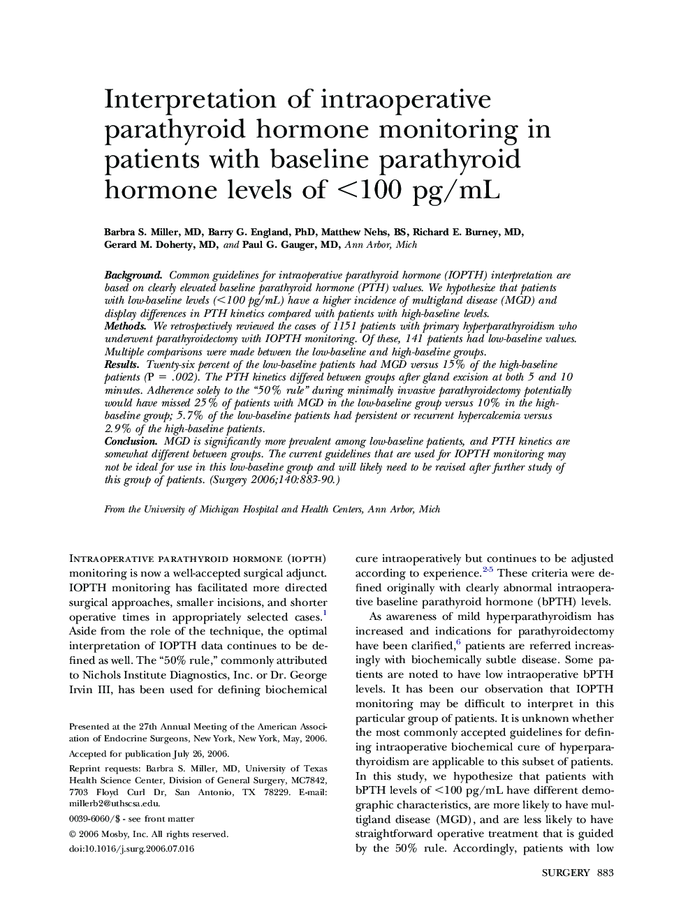 Interpretation of intraoperative parathyroid hormone monitoring in patients with baseline parathyroid hormone levels of <100 pg/mL