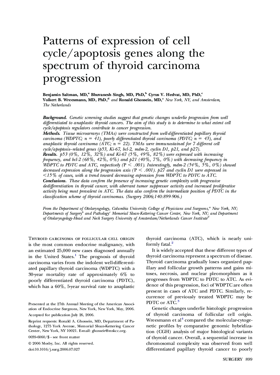 Patterns of expression of cell cycle/apoptosis genes along the spectrum of thyroid carcinoma progression
