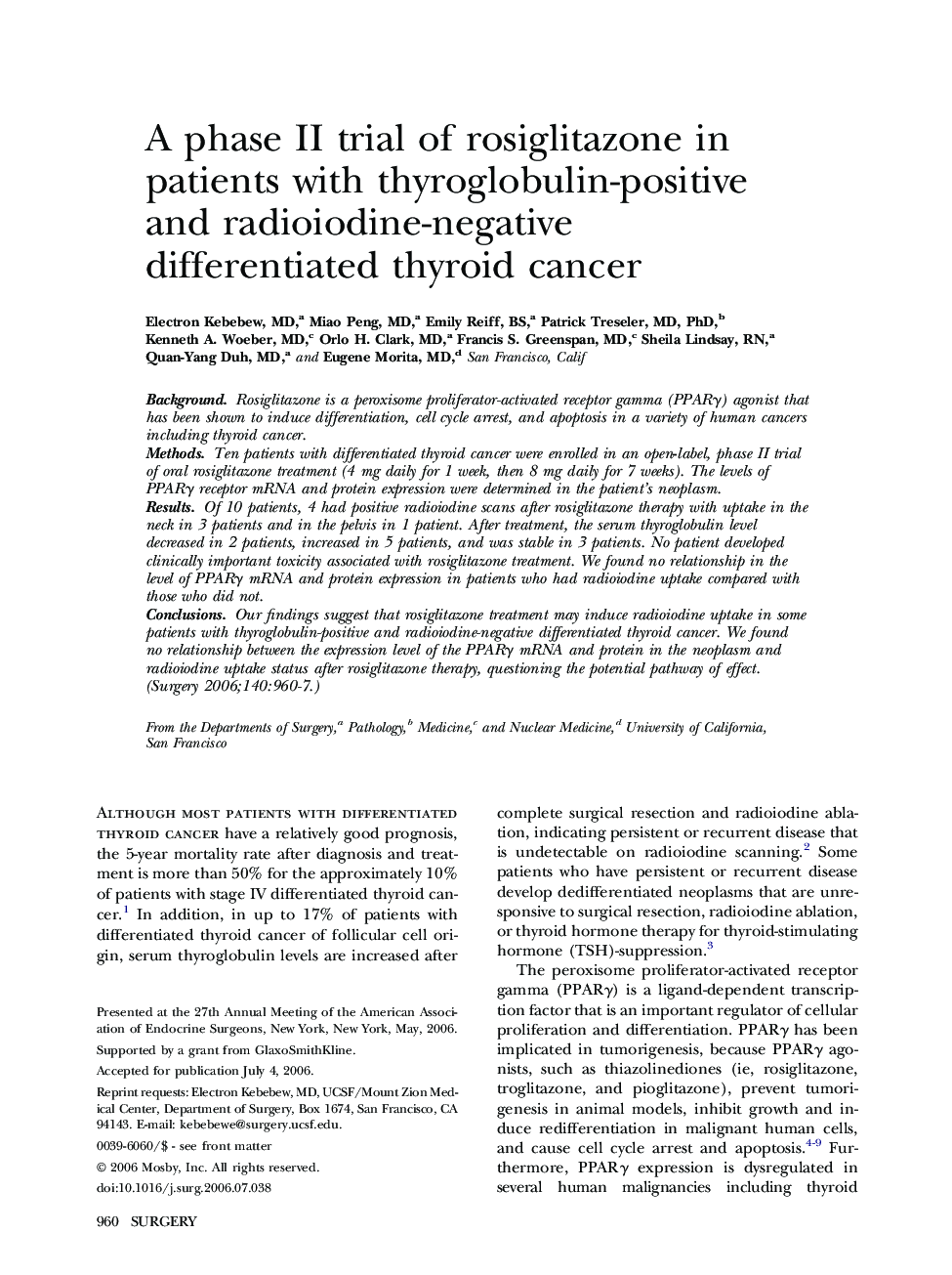 A phase II trial of rosiglitazone in patients with thyroglobulin-positive and radioiodine-negative differentiated thyroid cancer 