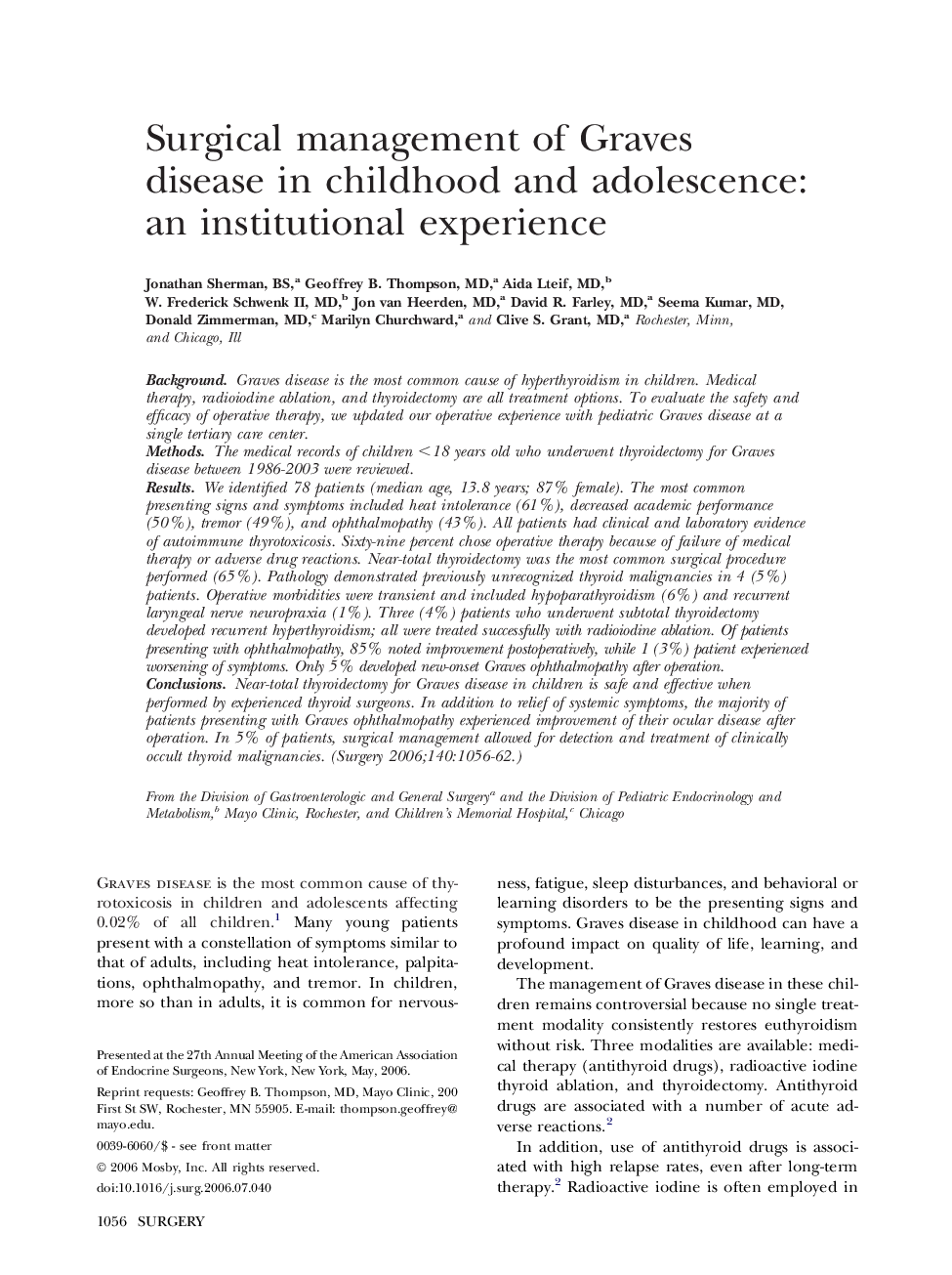 Surgical management of Graves disease in childhood and adolescence: an institutional experience