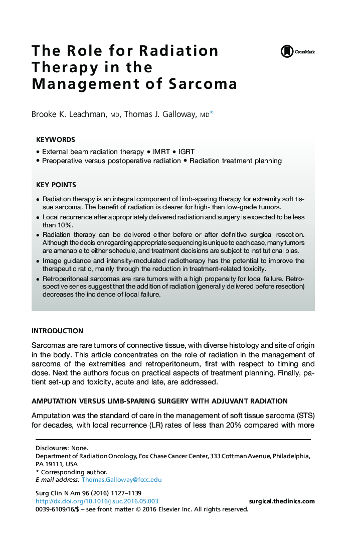 The Role for Radiation Therapy in the Management of Sarcoma