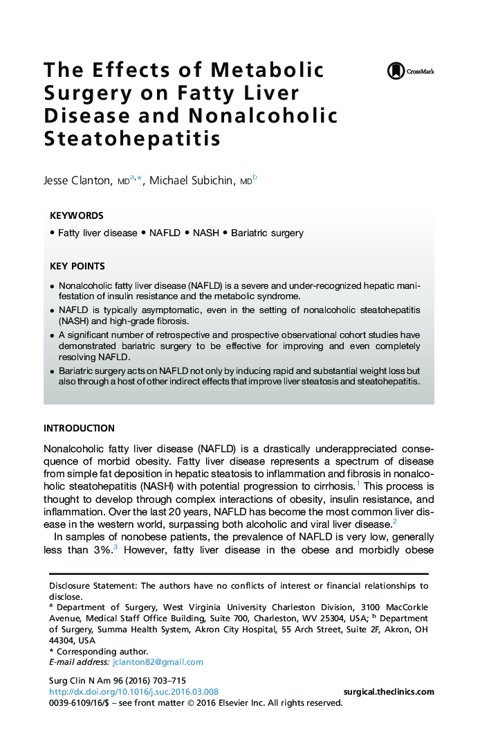 The Effects of Metabolic Surgery on Fatty Liver Disease and Nonalcoholic Steatohepatitis