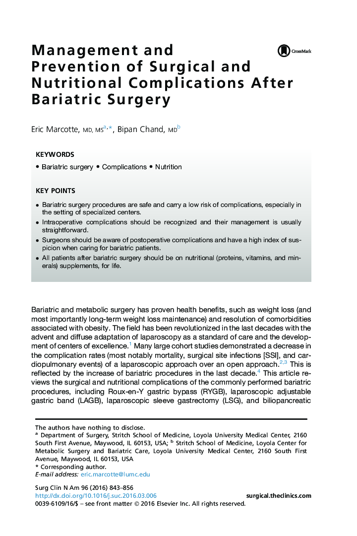 Management and Prevention of Surgical and Nutritional Complications After Bariatric Surgery
