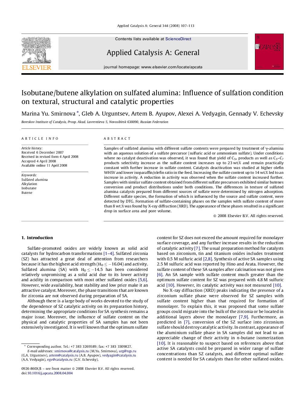 Isobutane/butene alkylation on sulfated alumina: Influence of sulfation condition on textural, structural and catalytic properties