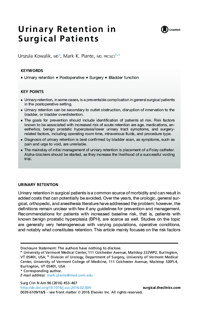 Urinary Retention in Surgical Patients