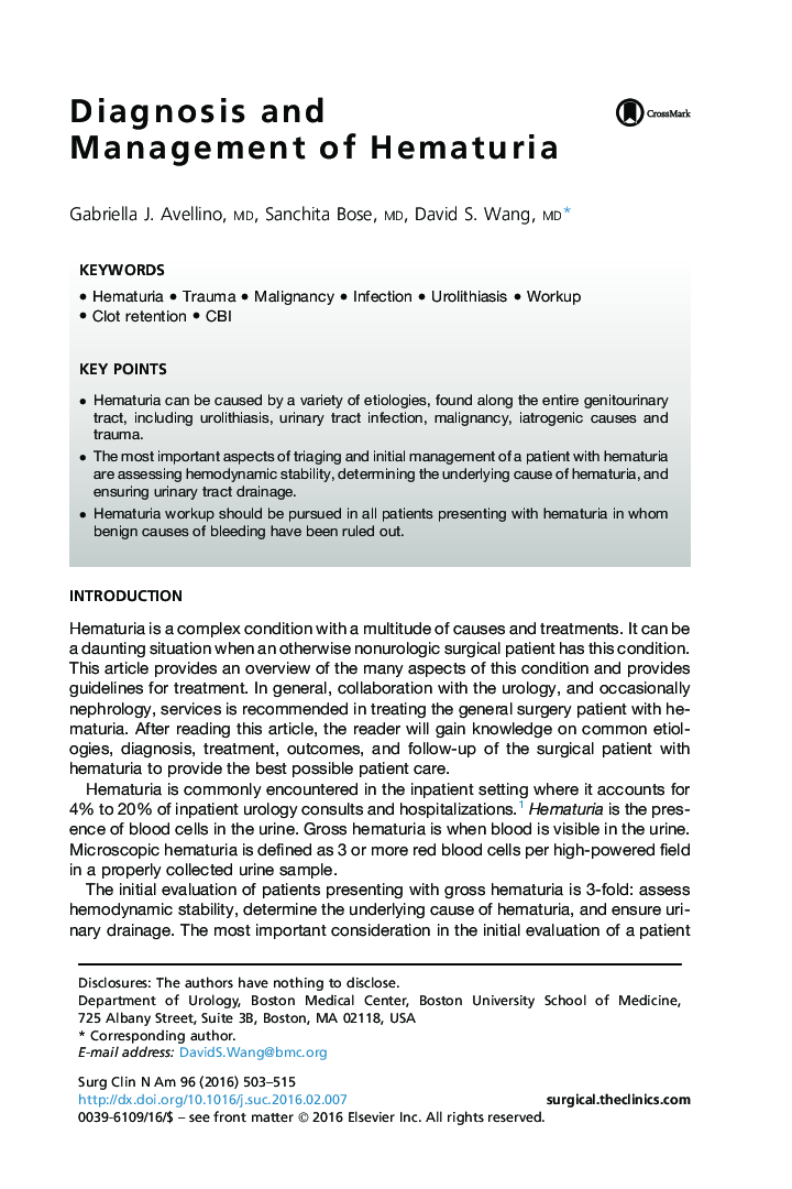 Diagnosis and Management of Hematuria