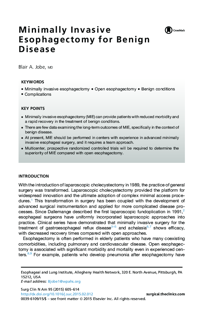 Minimally Invasive Esophagectomy for Benign Disease