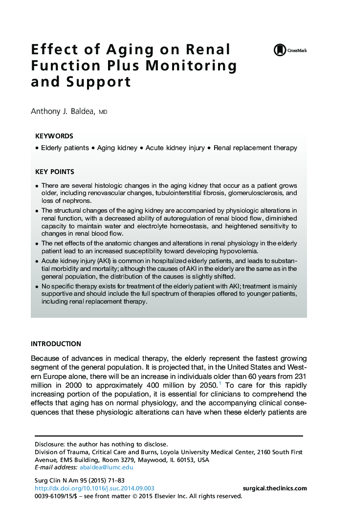 Effect of Aging on Renal Function Plus Monitoring and Support