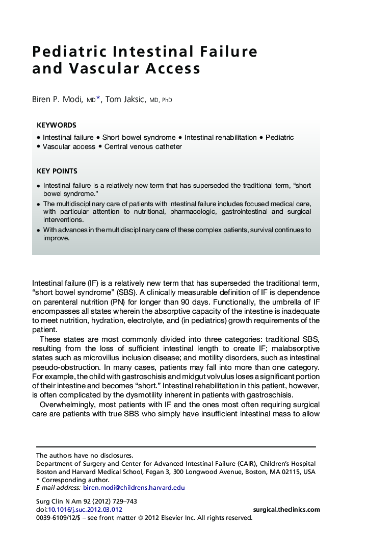 Pediatric Intestinal Failure and Vascular Access