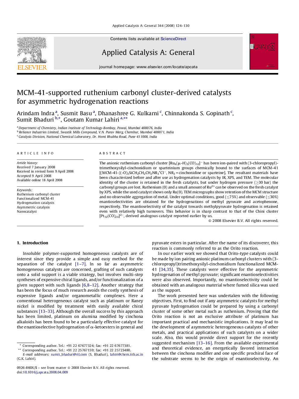 MCM-41-supported ruthenium carbonyl cluster-derived catalysts for asymmetric hydrogenation reactions