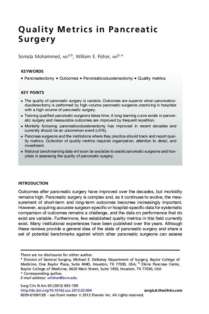 Quality Metrics in Pancreatic Surgery