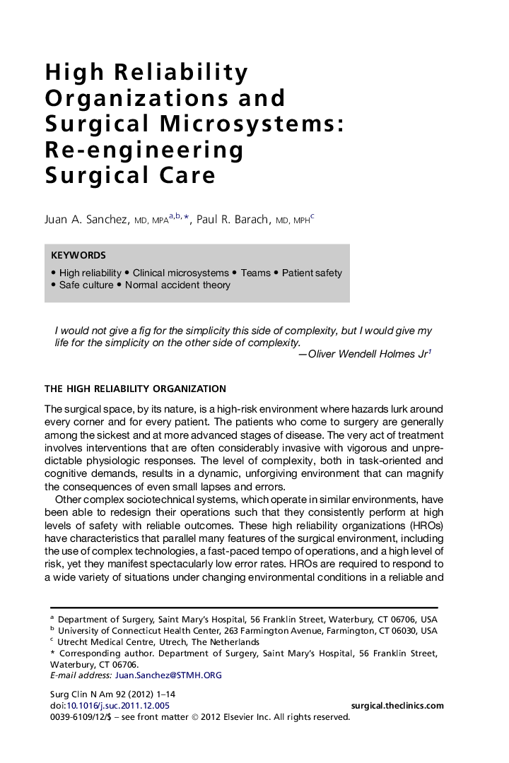 High Reliability Organizations and Surgical Microsystems: Re-engineering Surgical Care