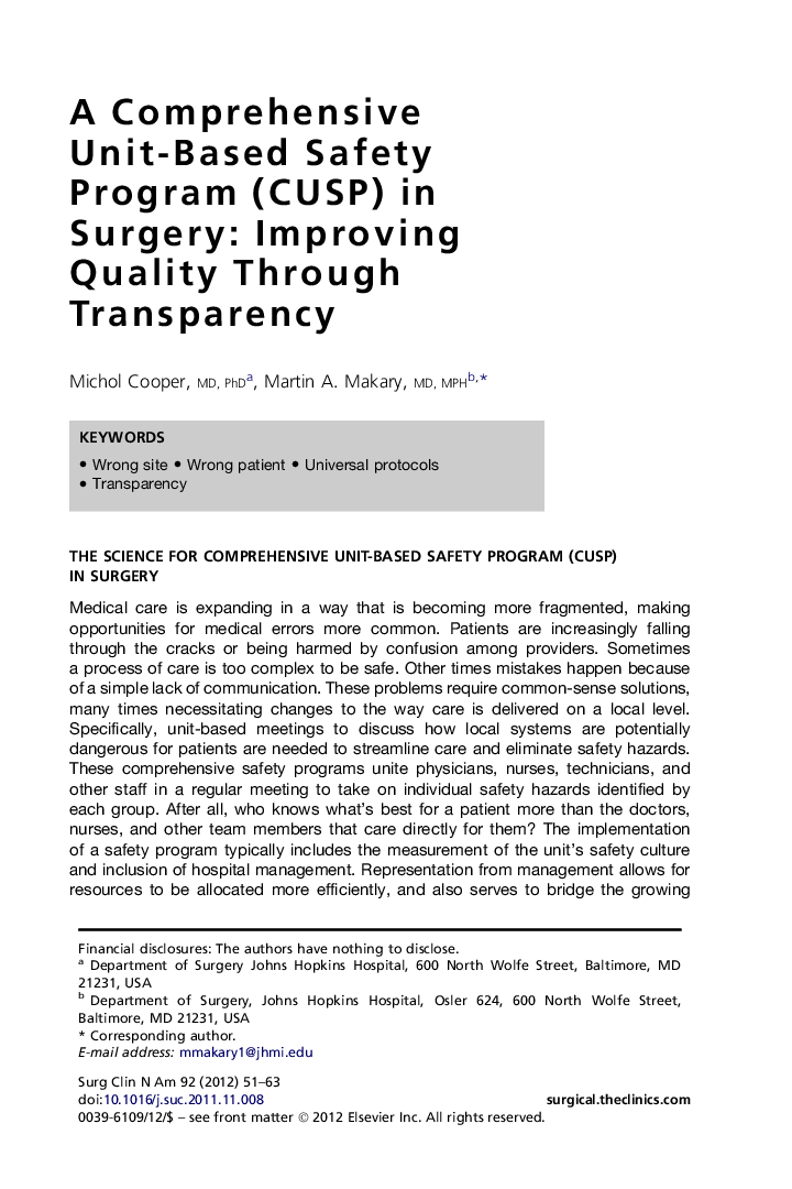 A Comprehensive Unit-Based Safety Program (CUSP) in Surgery: Improving Quality Through Transparency