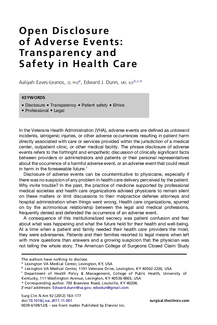 Open Disclosure of Adverse Events: Transparency and Safety in Health Care