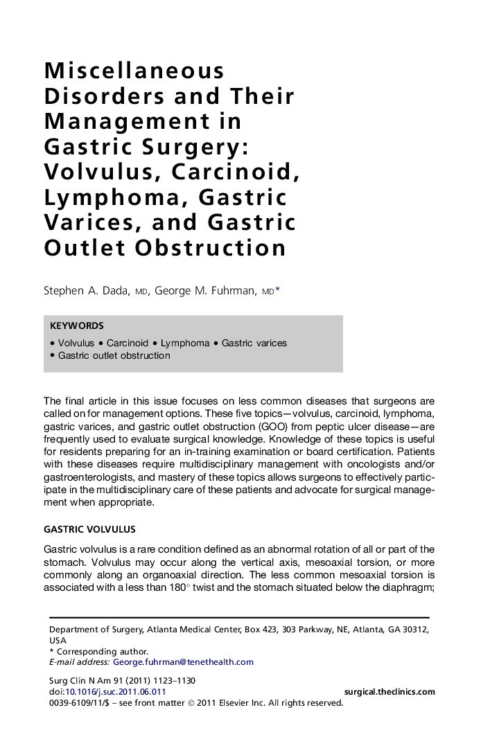 Miscellaneous Disorders and Their Management in Gastric Surgery: Volvulus, Carcinoid, Lymphoma, Gastric Varices, and Gastric Outlet Obstruction