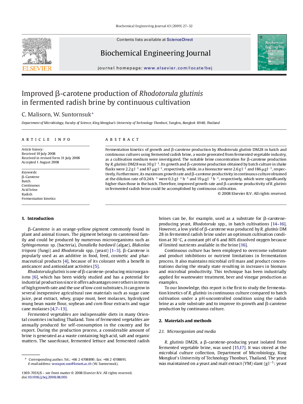 Improved β-carotene production of Rhodotorula glutinis in fermented radish brine by continuous cultivation