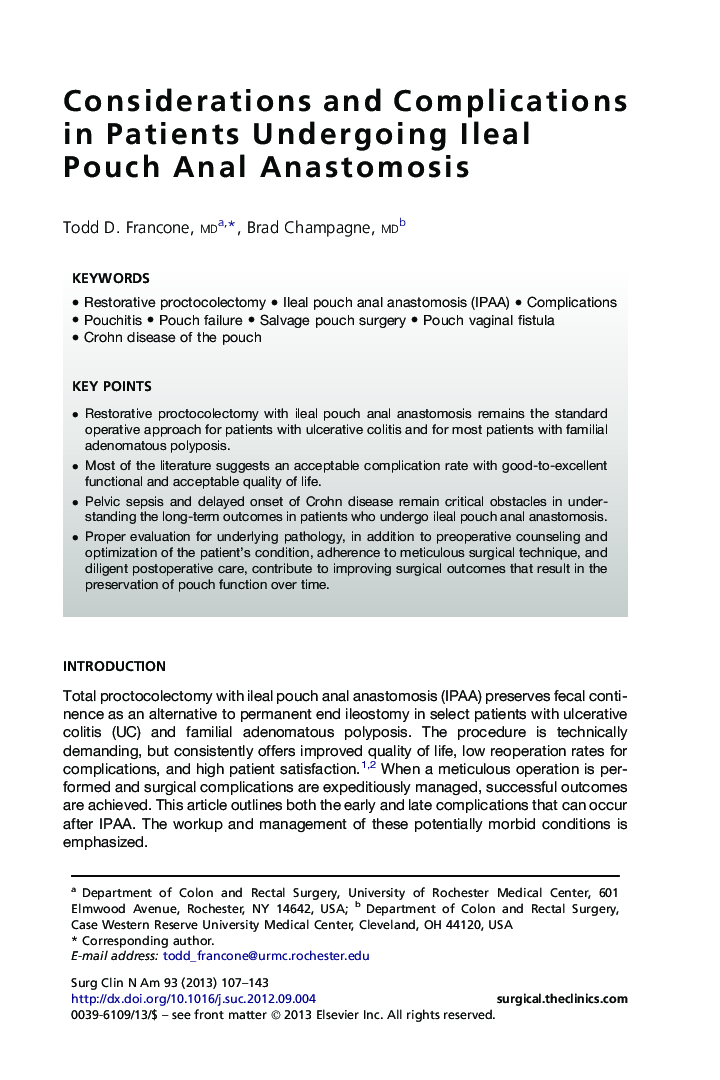 Considerations and Complications in Patients Undergoing Ileal Pouch Anal Anastomosis