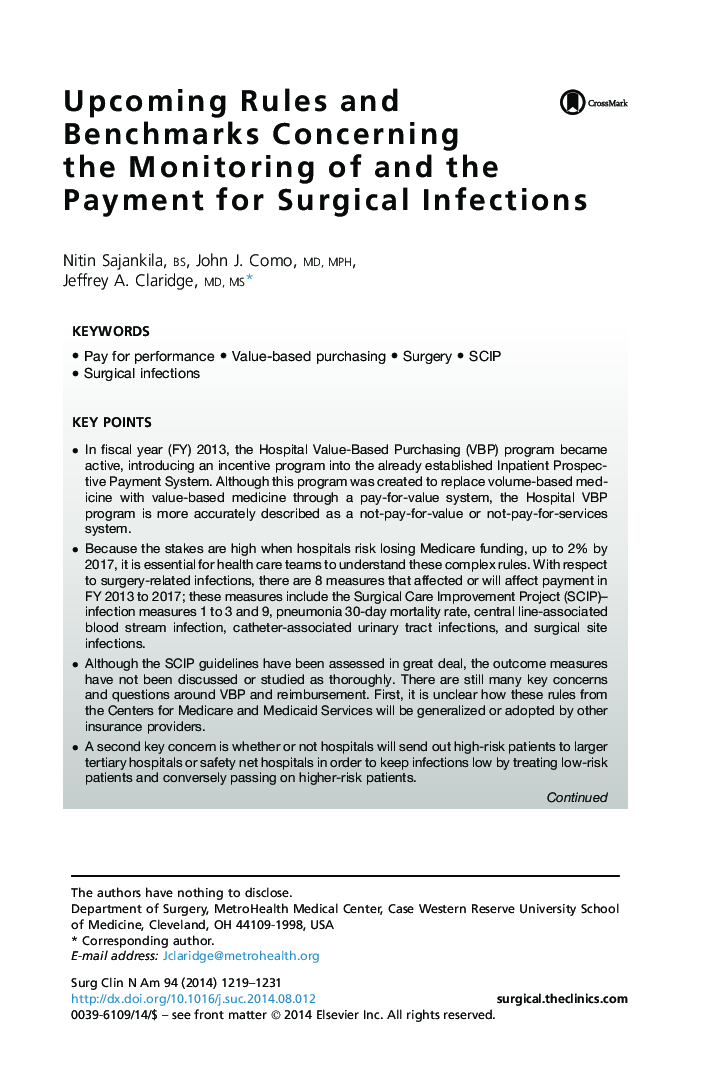 Upcoming Rules and Benchmarks Concerning the Monitoring of and the Payment for Surgical Infections