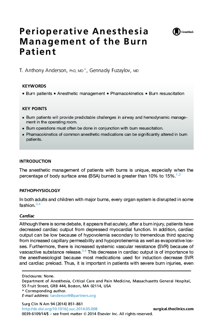 Perioperative Anesthesia Management of the Burn Patient