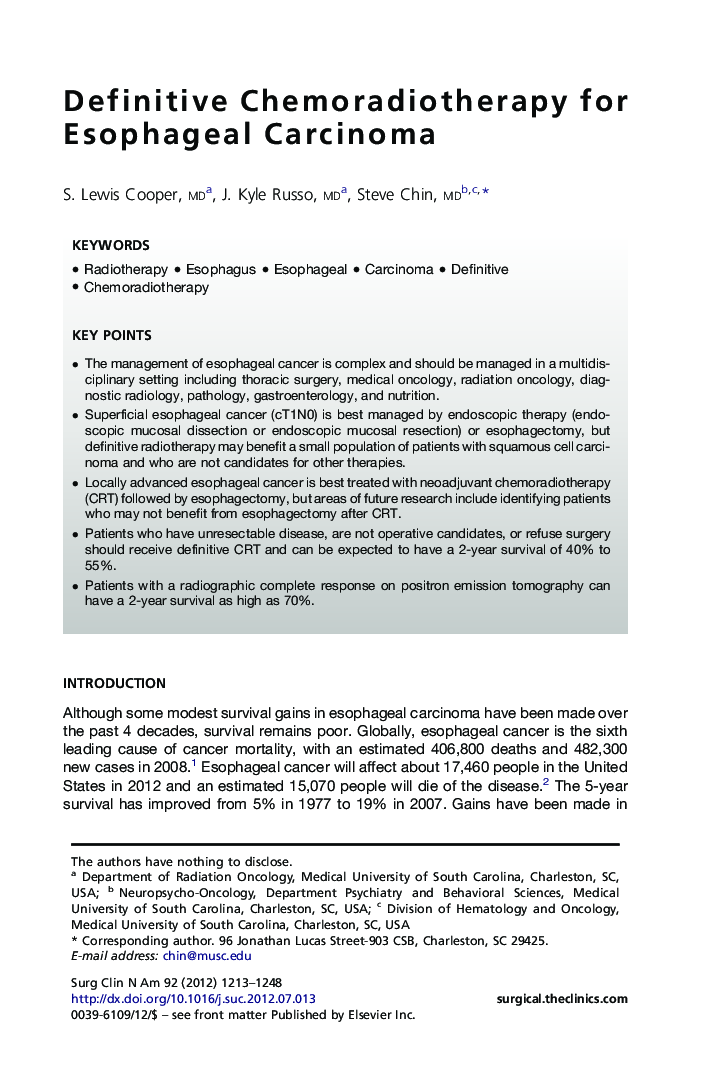 Definitive Chemoradiotherapy for Esophageal Carcinoma