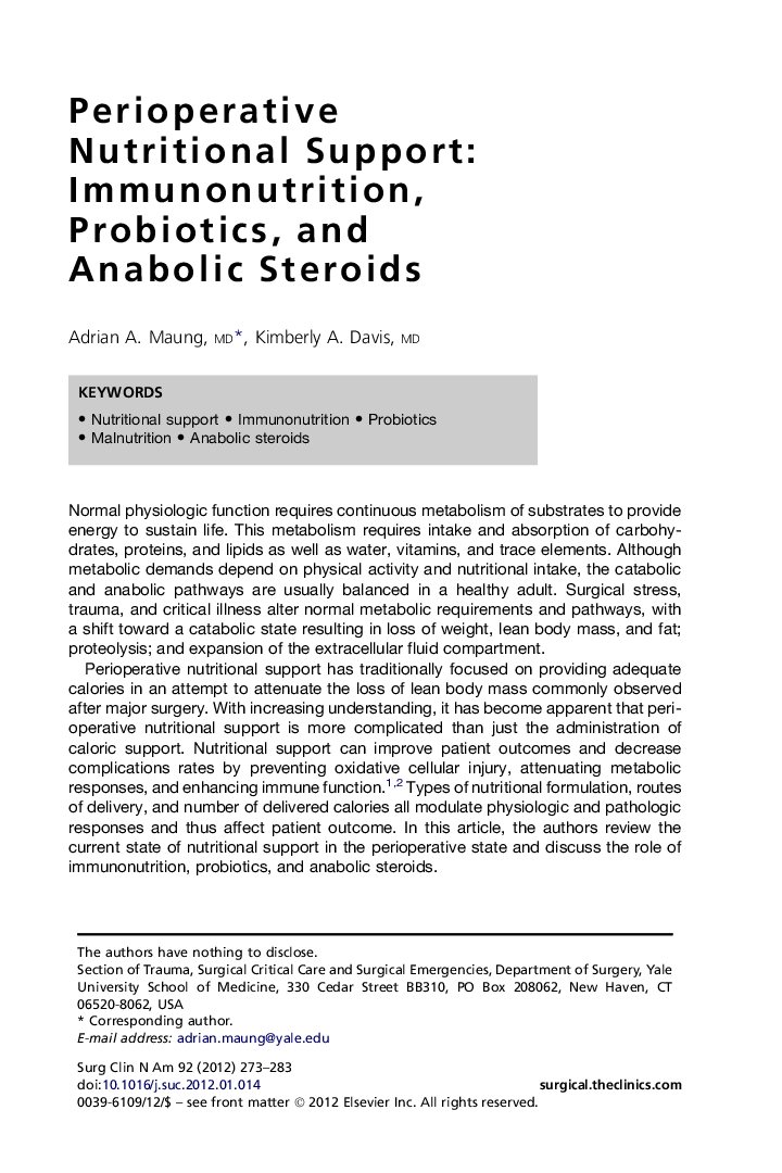 Perioperative Nutritional Support: Immunonutrition, Probiotics, and Anabolic Steroids