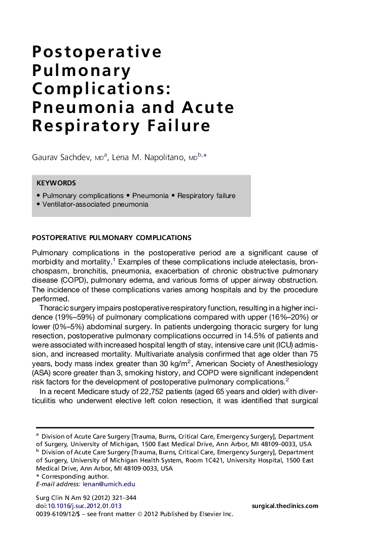 Postoperative Pulmonary Complications: Pneumonia and Acute Respiratory Failure