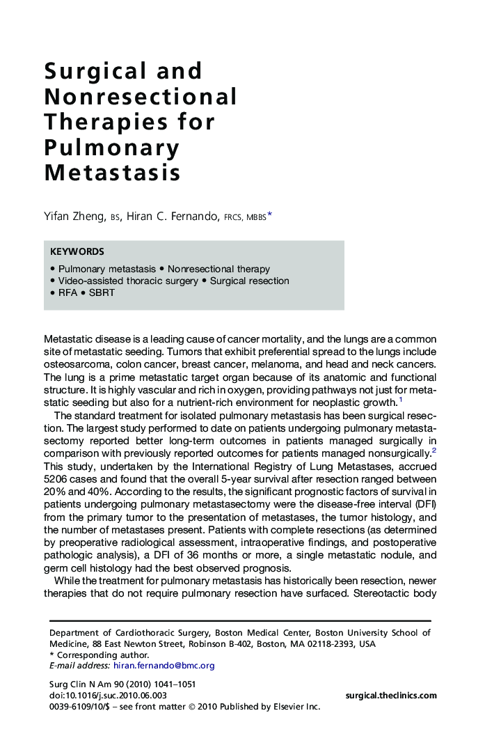 Surgical and Nonresectional Therapies for Pulmonary Metastasis