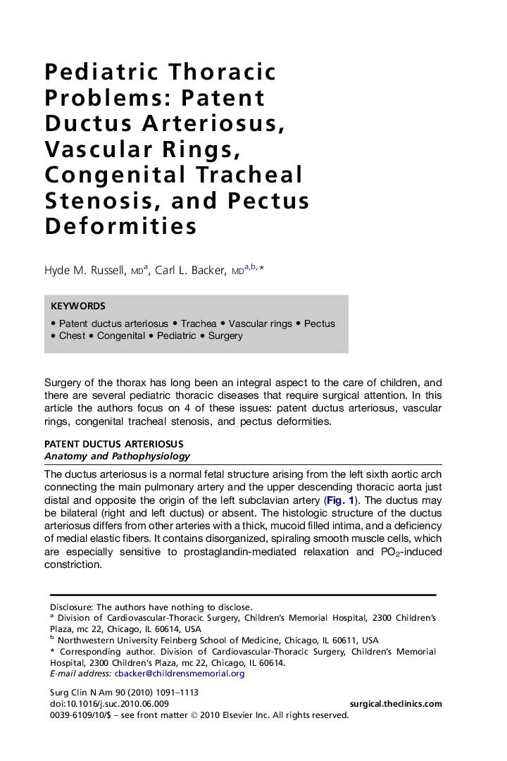 Pediatric Thoracic Problems: Patent Ductus Arteriosus, Vascular Rings, Congenital Tracheal Stenosis, and Pectus Deformities