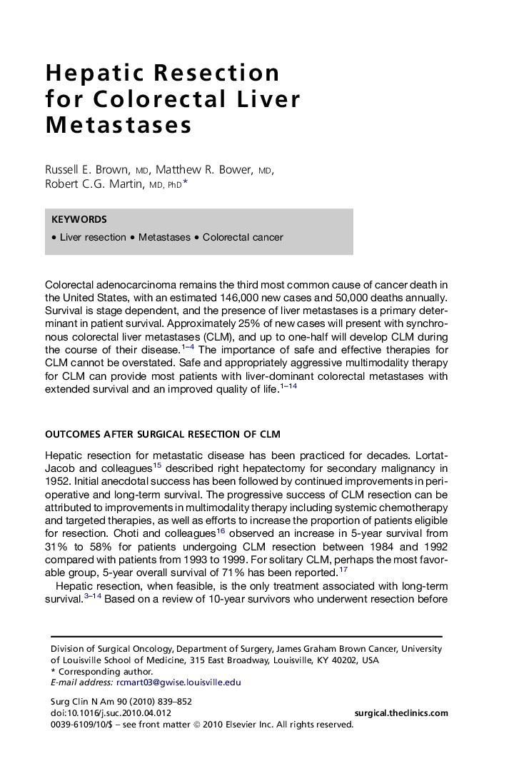 Hepatic Resection for Colorectal Liver Metastases