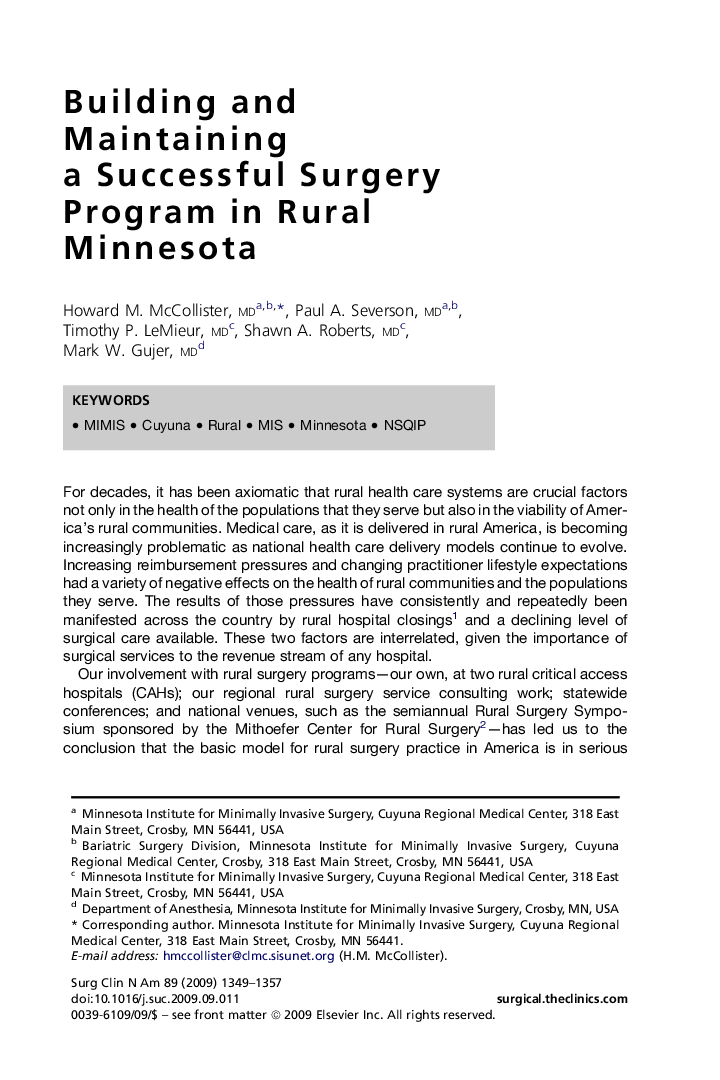 Building and Maintaining a Successful Surgery Program in Rural Minnesota