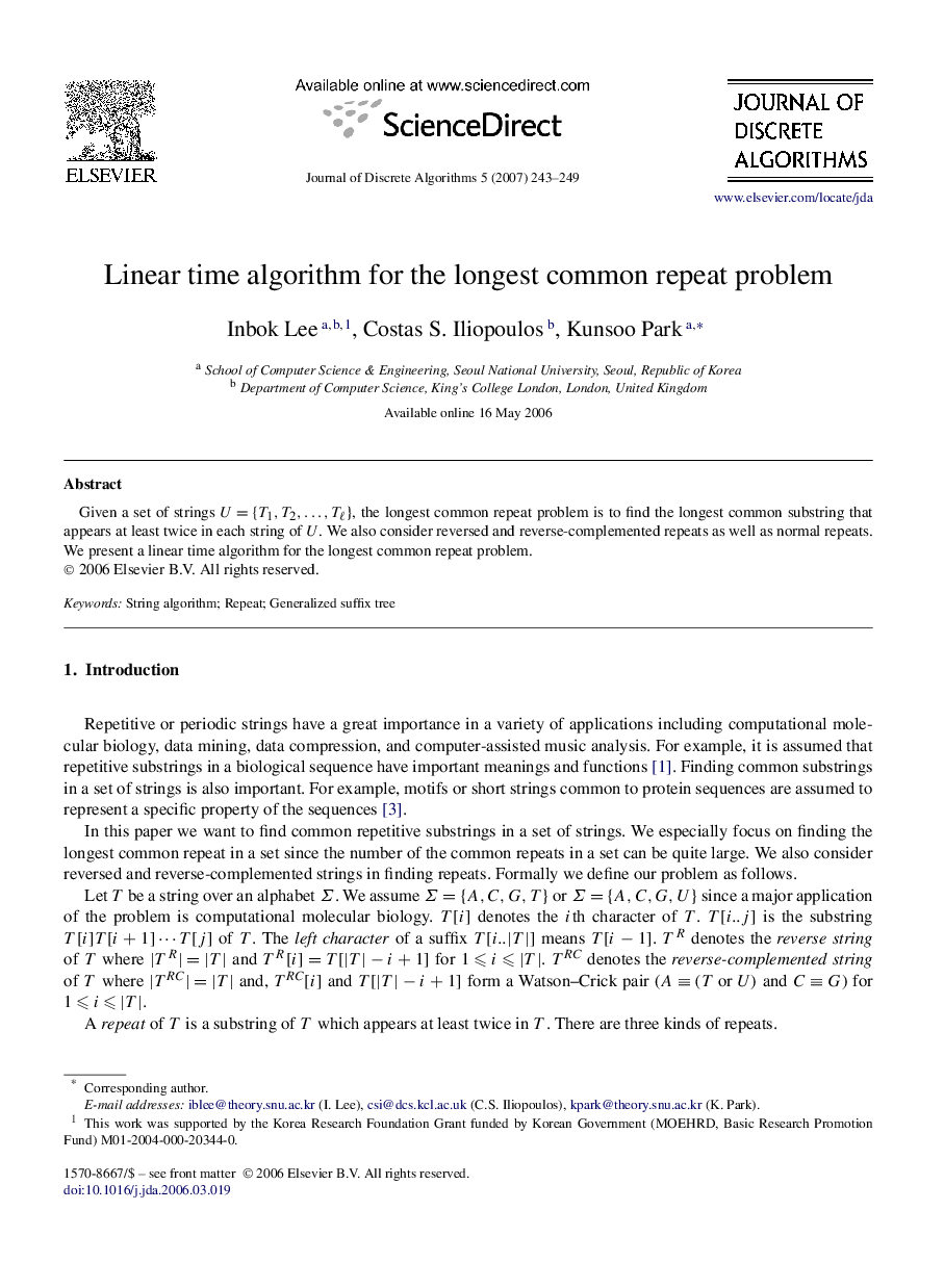 Linear time algorithm for the longest common repeat problem